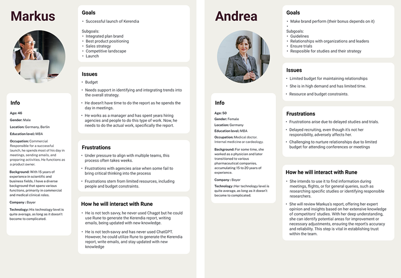 Two user personas for Rune: Markus, a commercial lead, and Andrea, a medical doctor, with their goals, issues, frustrations and how they'd interact with Rune