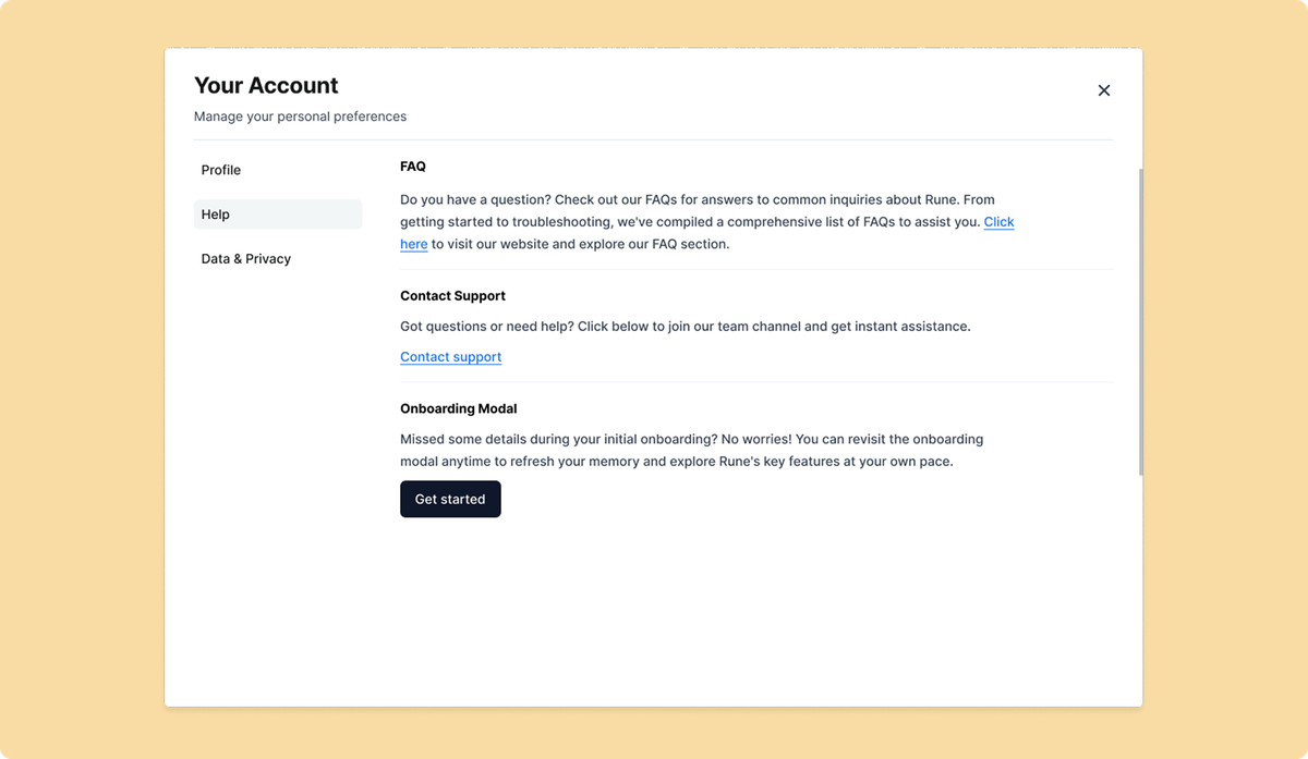 The Your Account dialog in Rune, open on the Help tab with FAQ, contact support and a button to revisit the onboarding modal