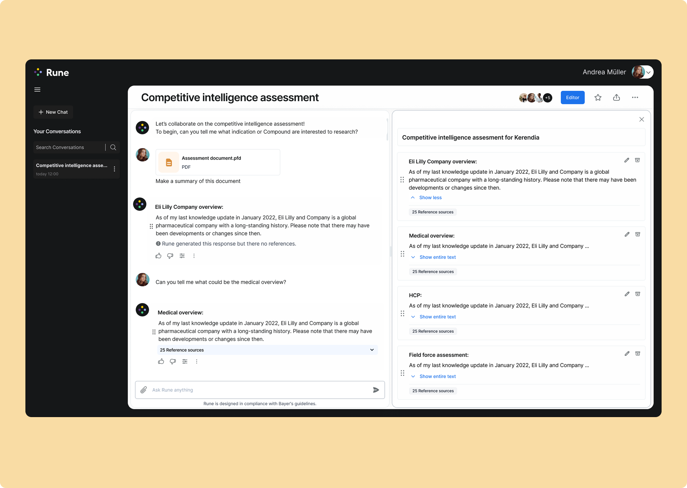 Rune AI reporting tool interface showing a competitive intelligence assessment conversation and report panel