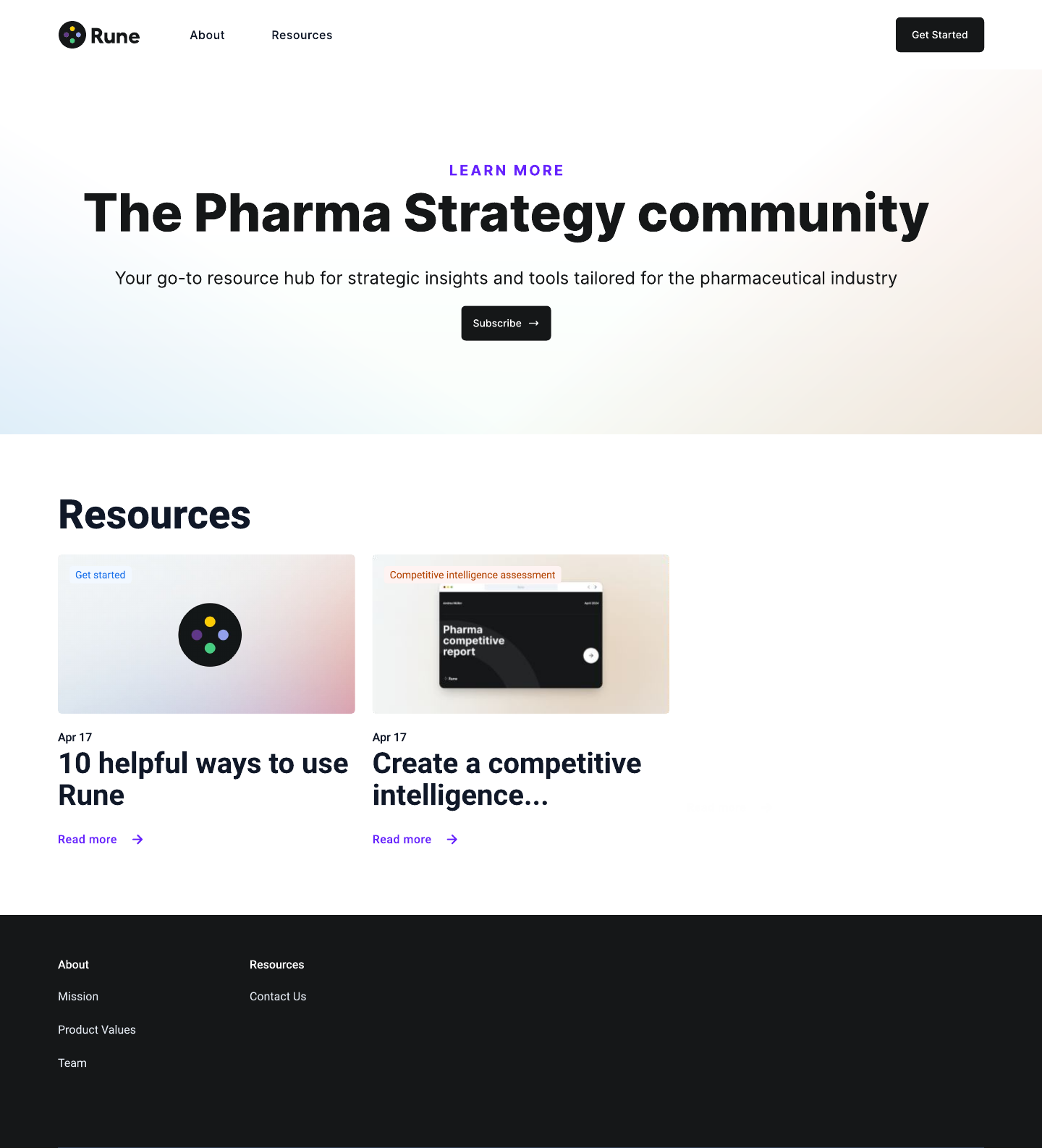 Rune Resources page in a desktop browser: The Pharma Strategy community hero with a Subscribe button, and article cards for 10 helpful ways to use Rune and Create a competitive intelligence assessment