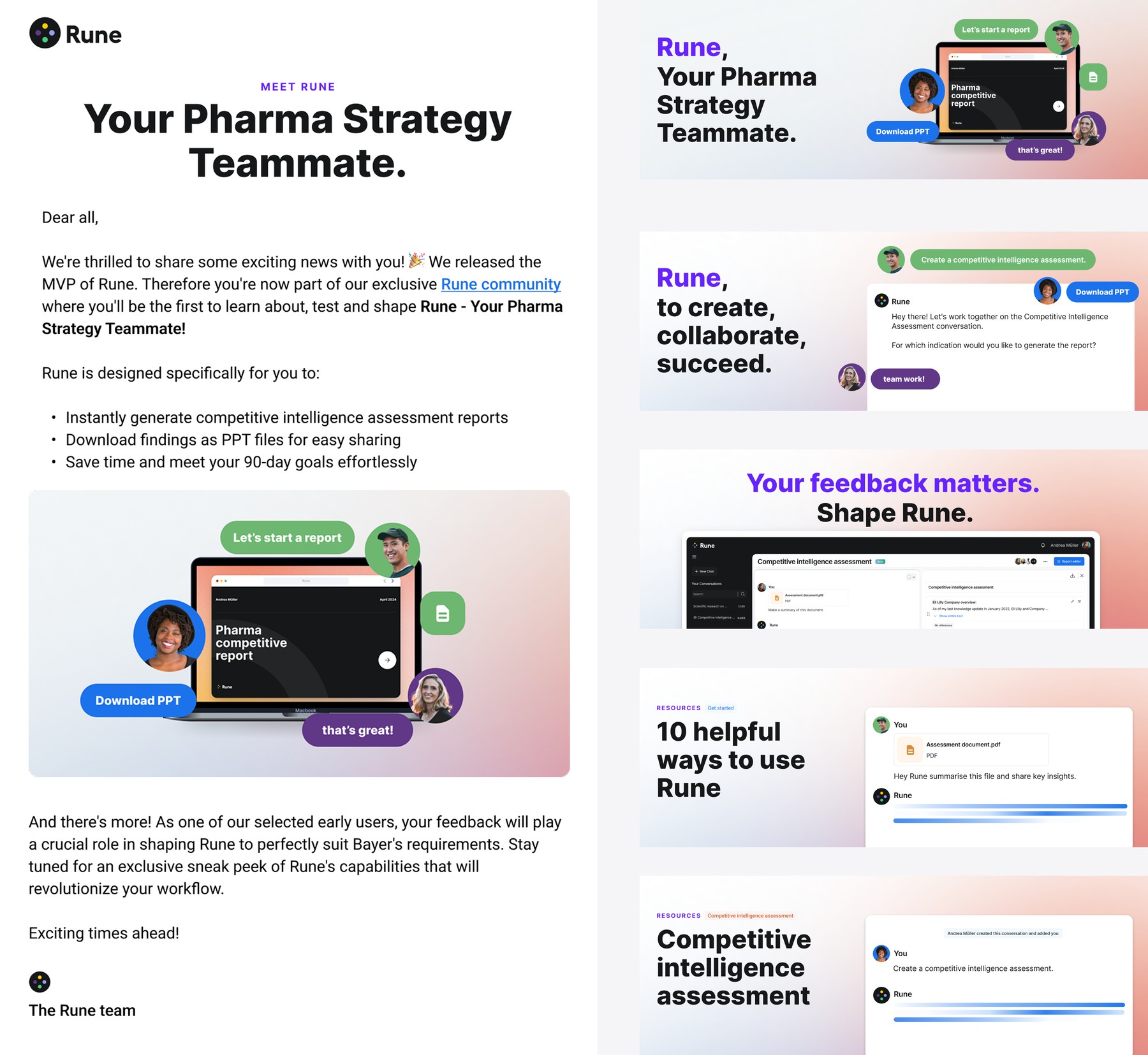 Rune launch marketing: the newsletter announcing the MVP alongside a set of promotional banners (Your Pharma Strategy Teammate, to create collaborate succeed, your feedback matters, 10 helpful ways to use Rune, and a competitive intelligence assessment walkthrough)