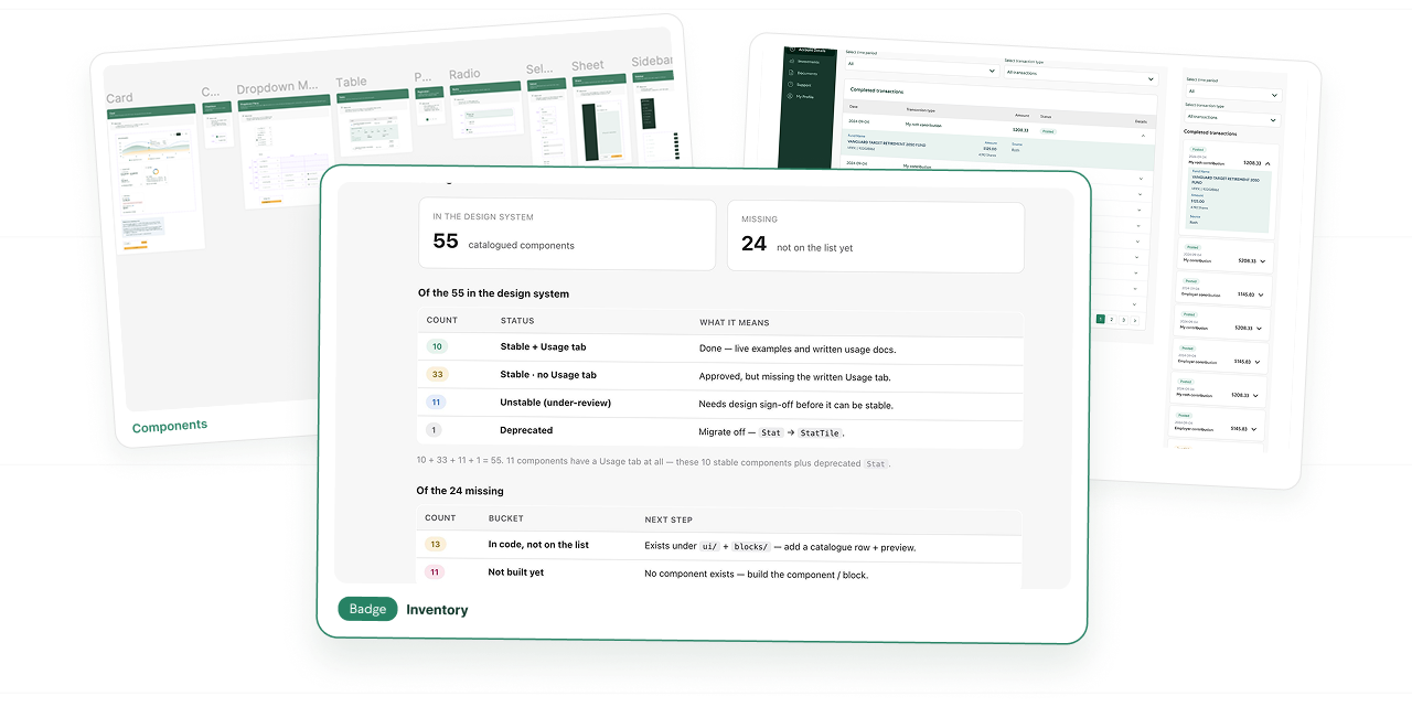 Component inventory: the catalogued component library alongside the audit summary of stable, unstable, deprecated and missing components
