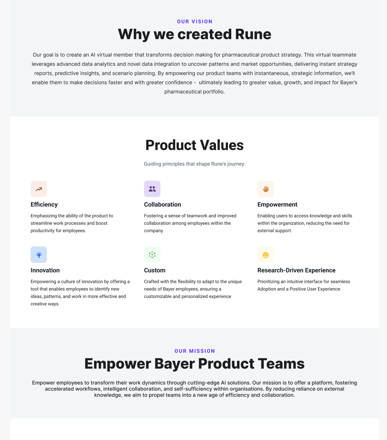 Rune's product vision, six product values (Efficiency, Collaboration, Empowerment, Innovation, Custom, Research-Driven Experience) and mission statement