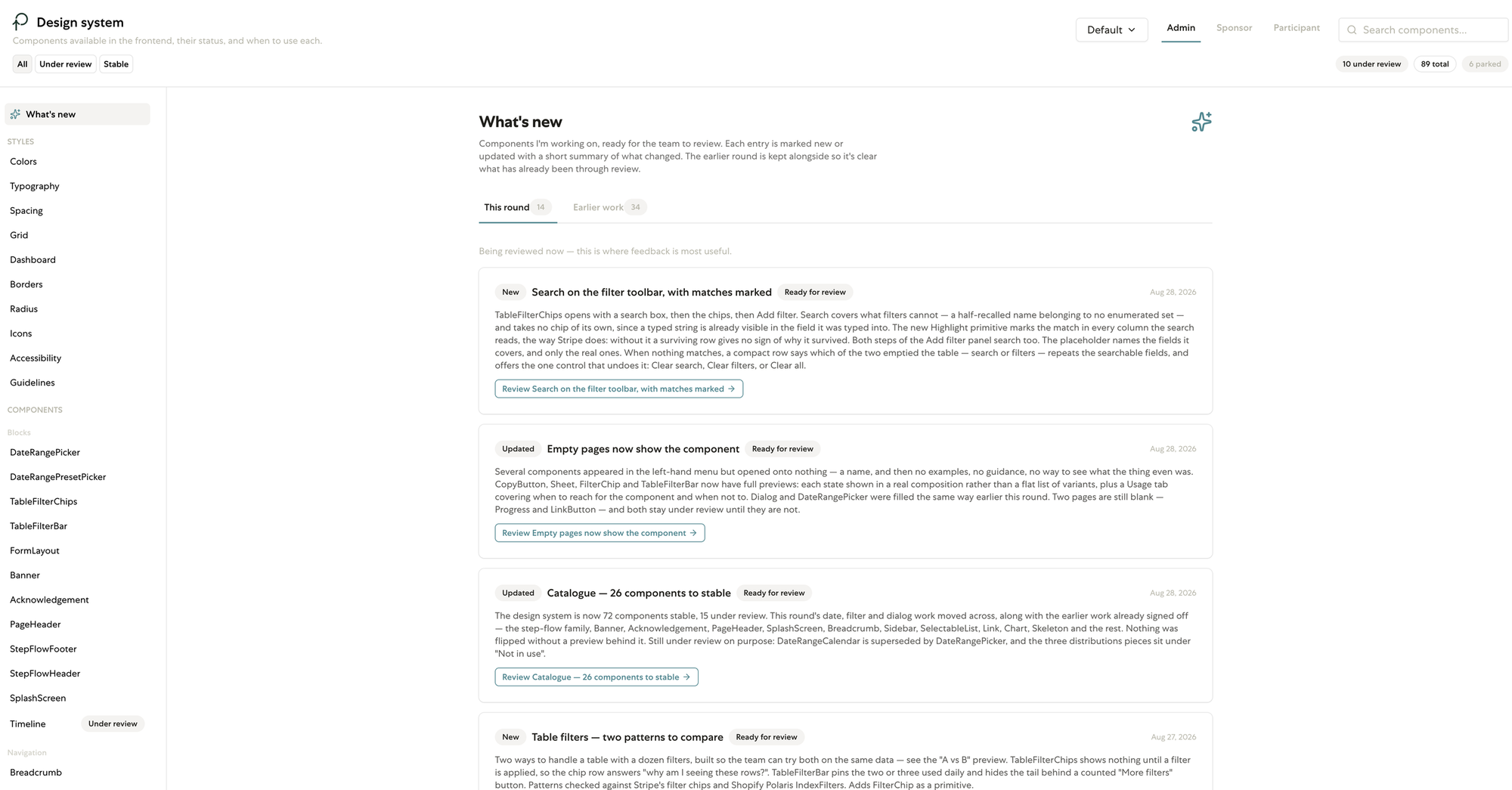 Penelope design system documentation on the What's new page, with the All, Under review and Stable status filters magnified in a round callout