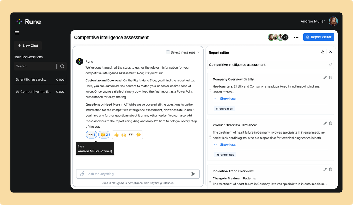 Rune conversation with emoji reactions under an AI response, and a tooltip showing who left the Eyes reaction