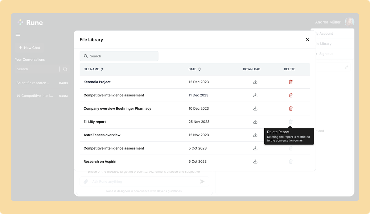 The Rune File Library dialog listing saved reports by name and date, with download and delete actions
