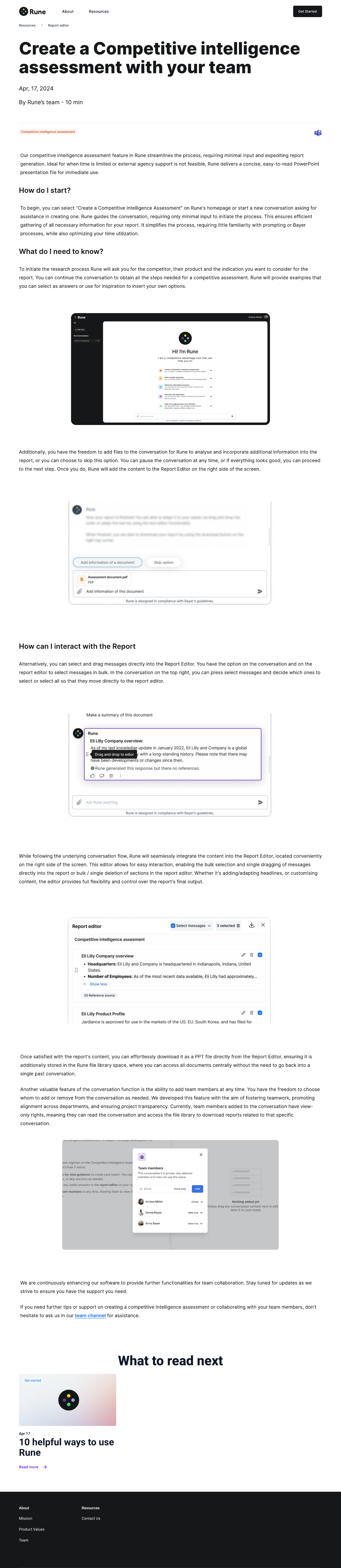 Rune article page in a desktop browser: Create a Competitive intelligence assessment with your team, with product screenshots showing how to start, use the report editor and add team members