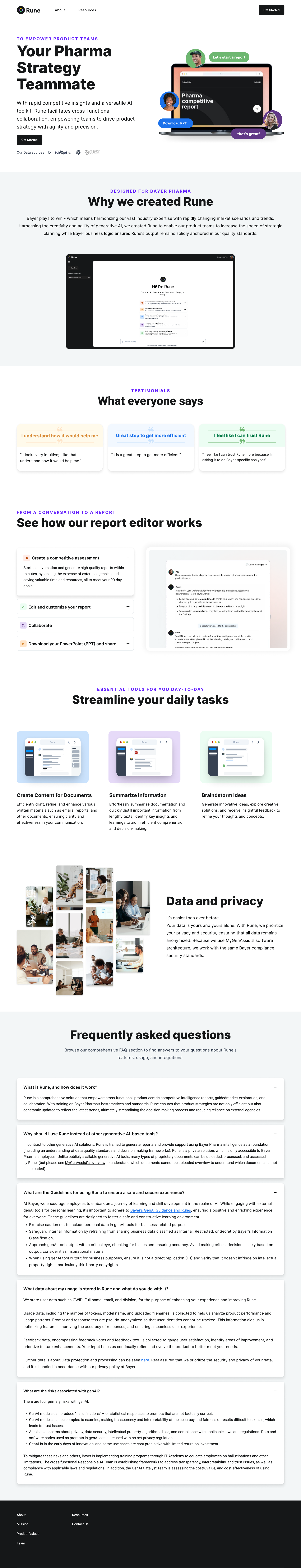Rune landing page in a desktop browser: the Your Pharma Strategy Teammate hero, why Rune was created, testimonials, the report editor walkthrough, key daily tasks, data and privacy, and frequently asked questions