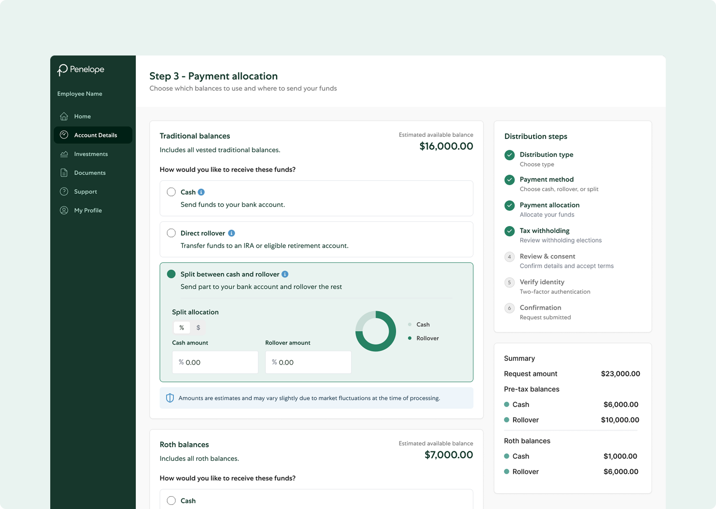 Penelope payment allocation step in a retirement distribution flow