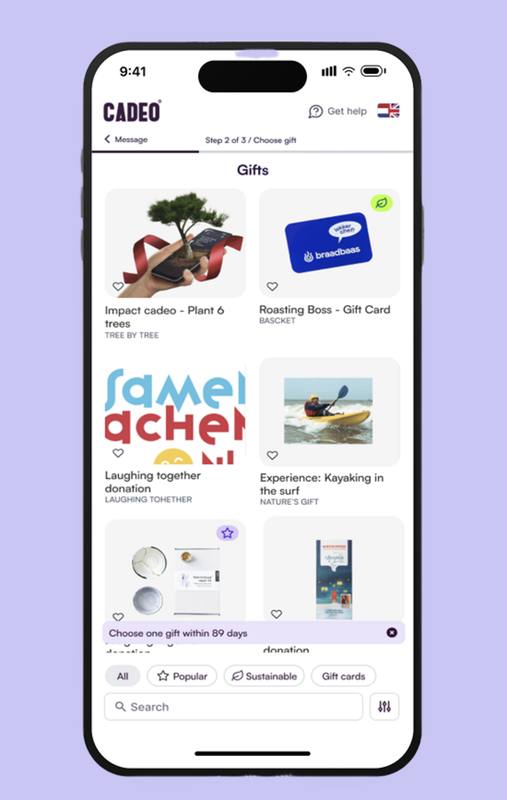 Cadeo gift selection screen on mobile