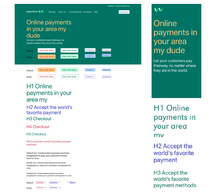 Payvision design guidelines: colours, buttons and their states, and the typography scale for desktop and mobile