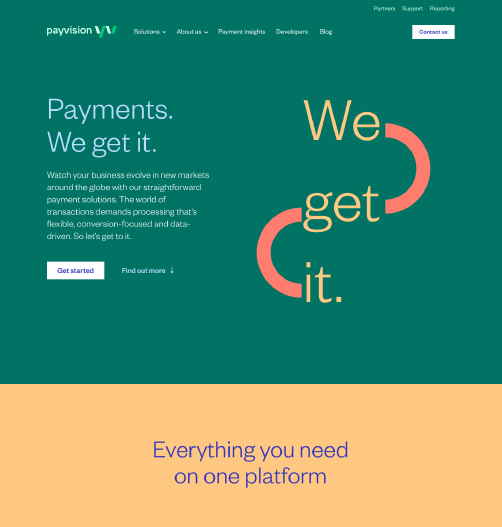 Final Payvision homepage design: “Payments. We get it.”