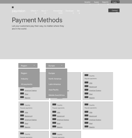 Early design of the Payvision payment methods page